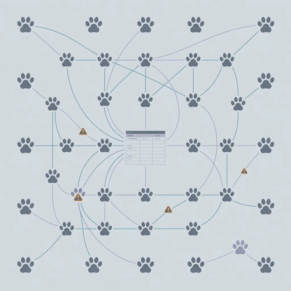 Abstract diagram illustrating how automated bot networks systematically infiltrate cute animal forums with casino promotion spam
