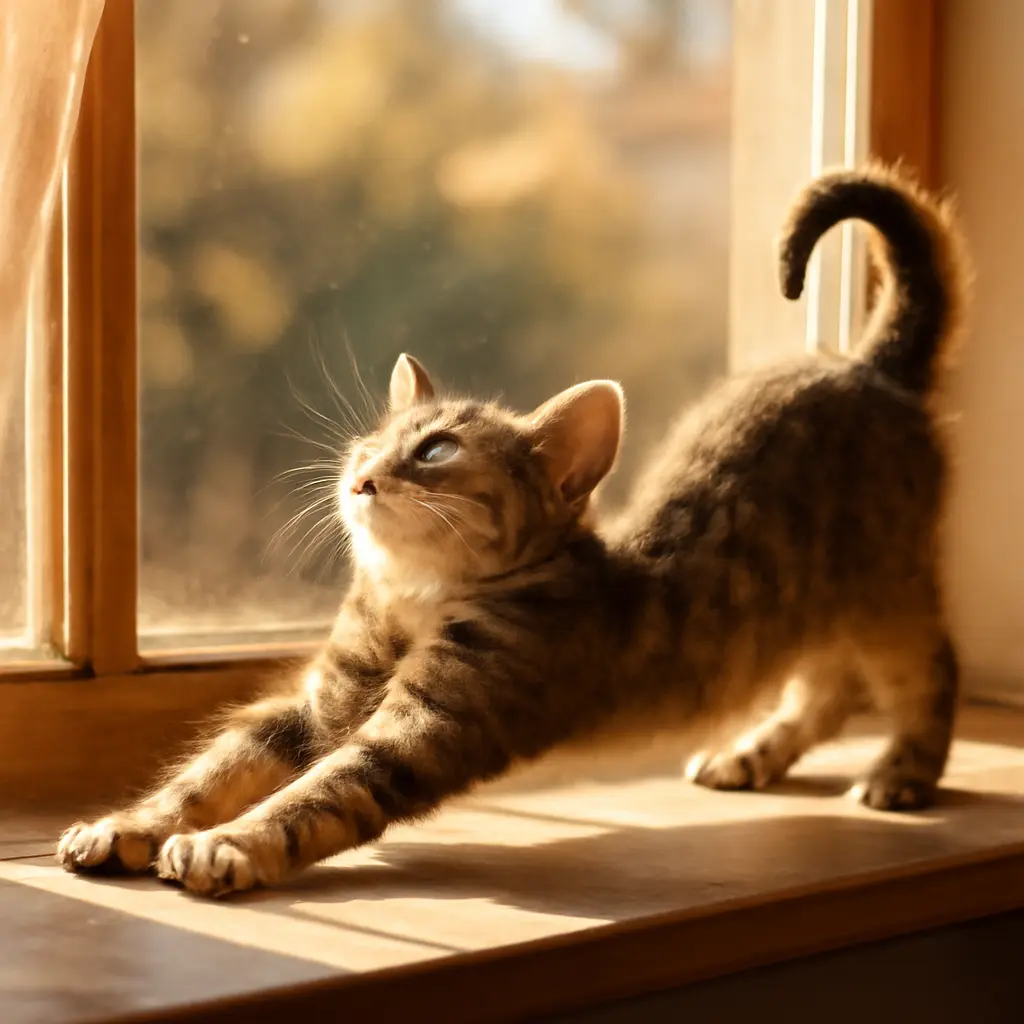 Grey cat stretching with playful expression on a windowsill
