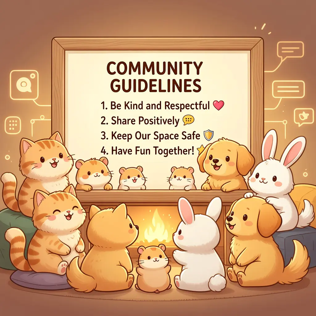 Warm illustration of a friendly online pet community space with adorable cartoon animals gathered around a community guidelines board