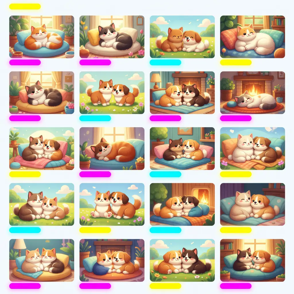 Illustration of a warm online cute animal forum community being disrupted by intrusive casino spam posts appearing among pet photos