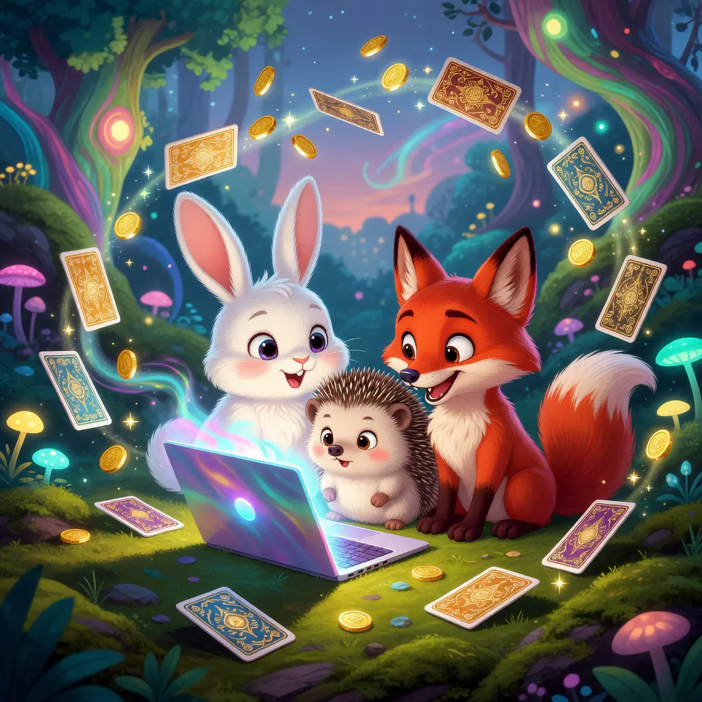 Cute animals exploring casino bonuses together Adorable cartoon animals gathered around a glowing laptop screen exploring no-deposit casino bonus offers