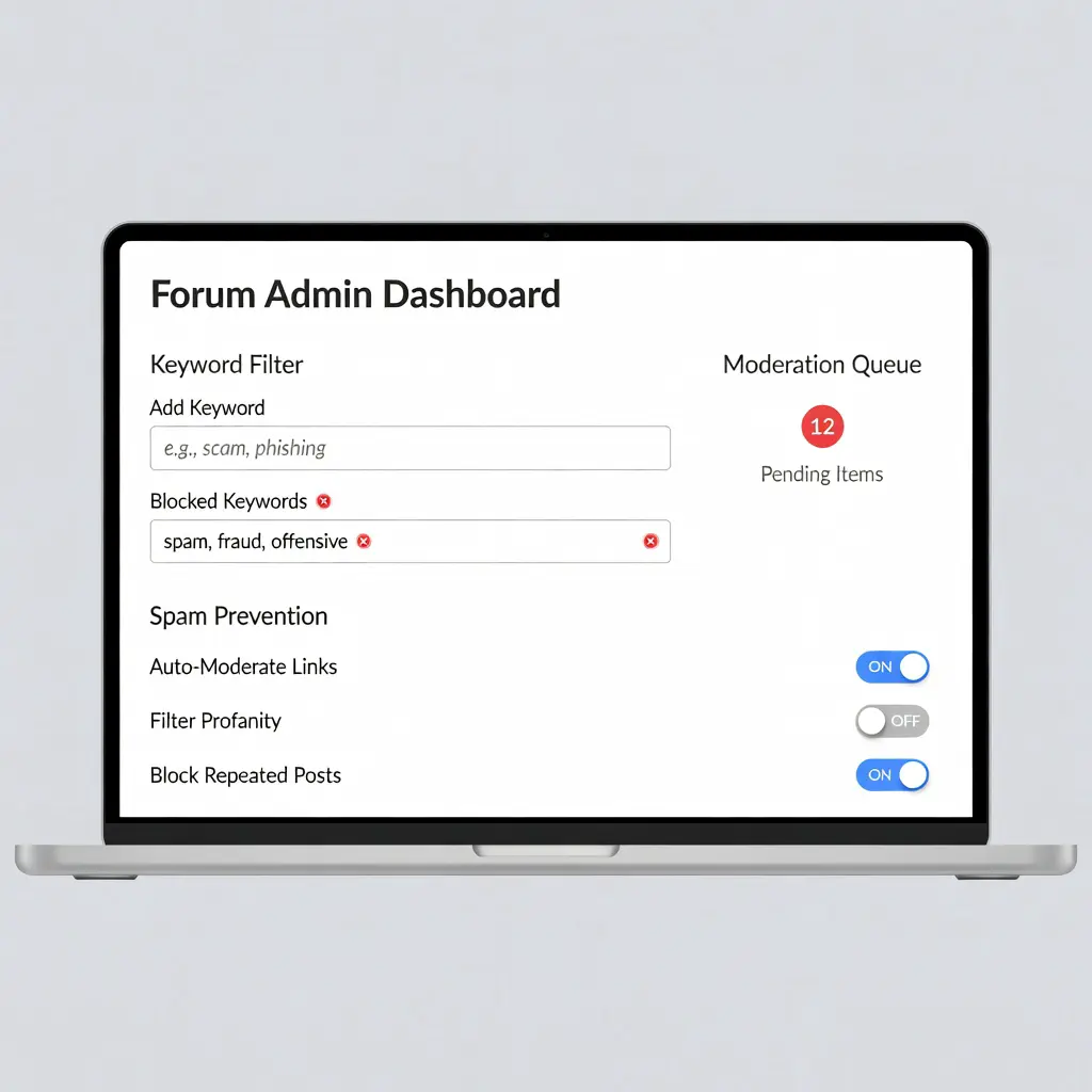 Illustrated forum administration dashboard showing keyword filter configuration, moderation queue, and spam prevention toggles