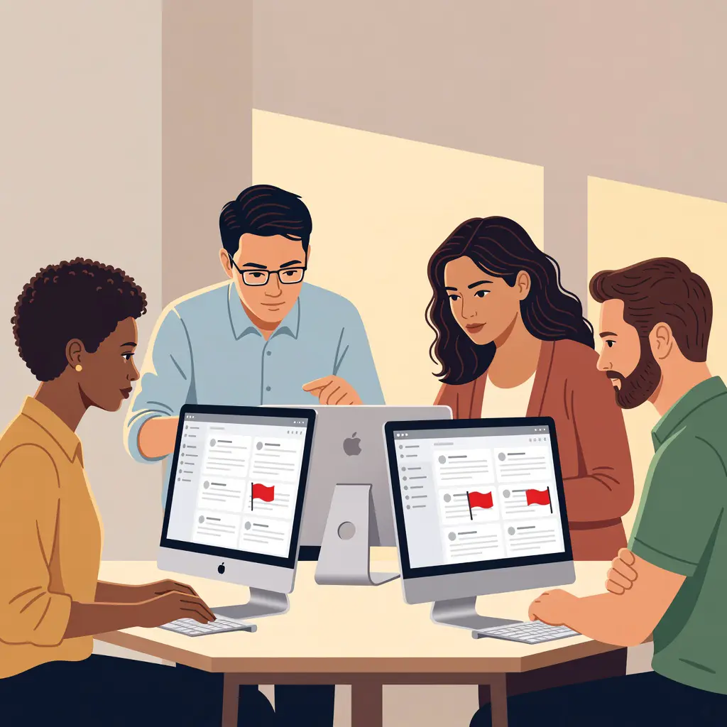 Community forum moderators collaborating at screens to identify and remove casino spam from a cute animal discussion board, with red alert indicators marking suspicious posts