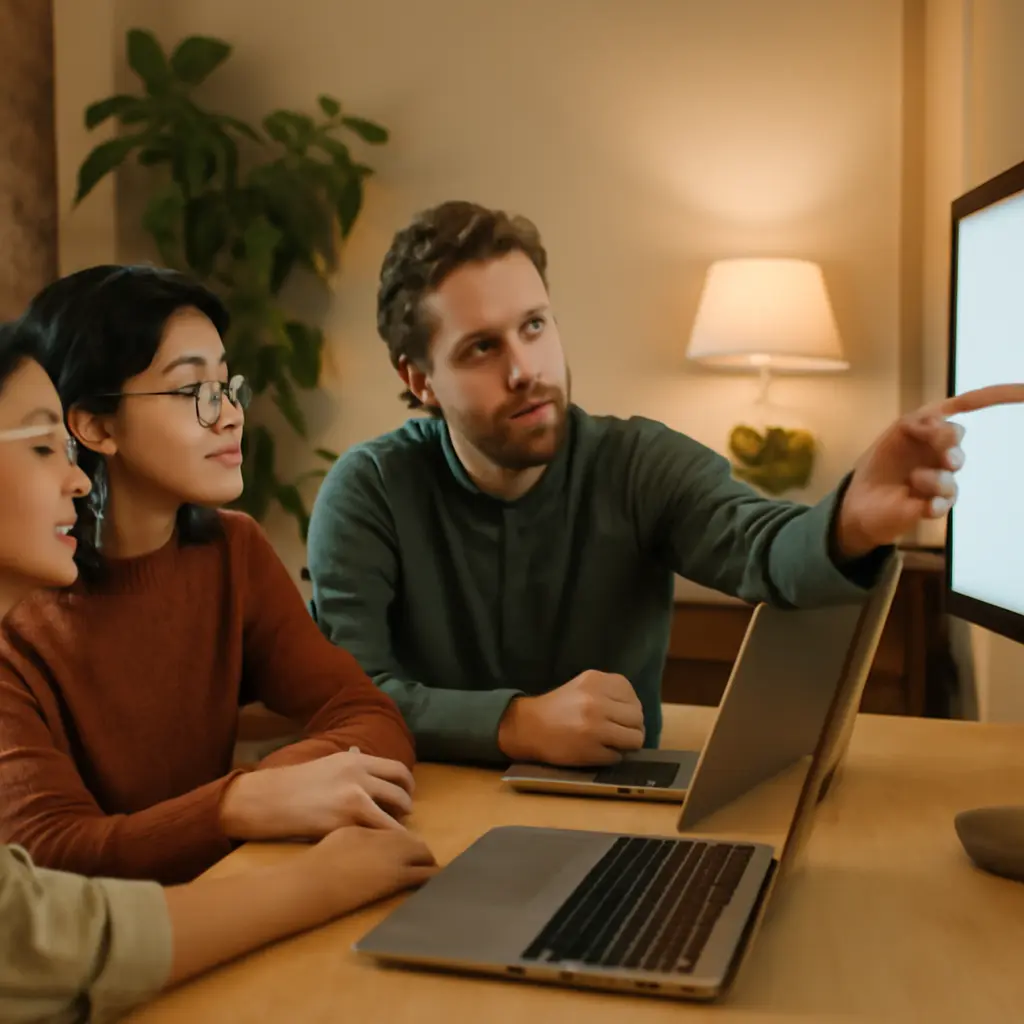 Three online moderators discussing forum decisions on laptops