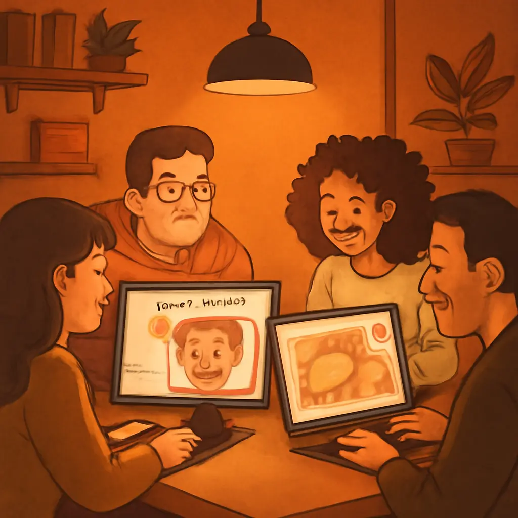 Forum members smiling while viewing pet photos on different devices