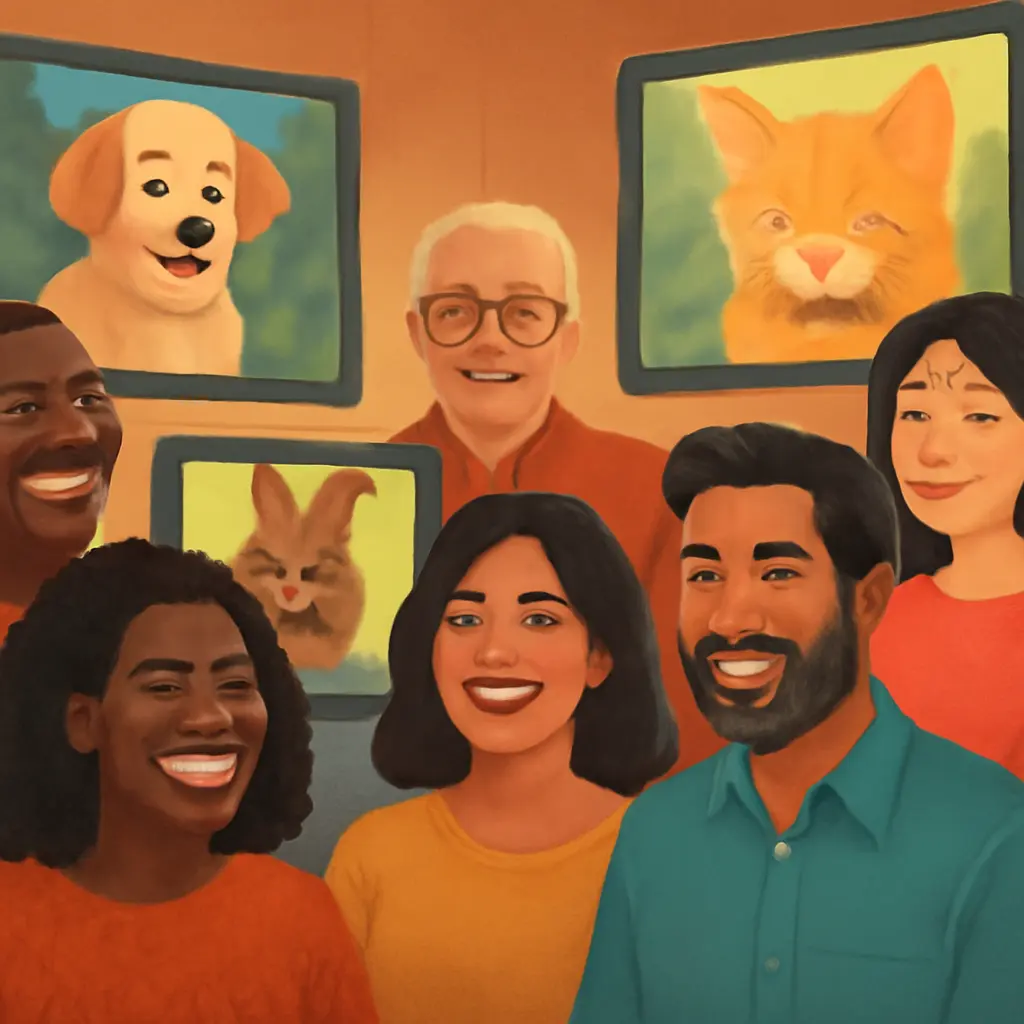 Happy Forum Members Smiling people and cute pets representing active forum engagement