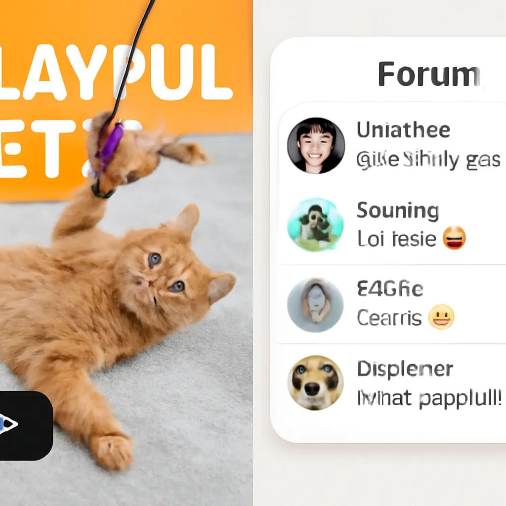 Side-by-side image of a pet video thumbnail and a forum thread with replies