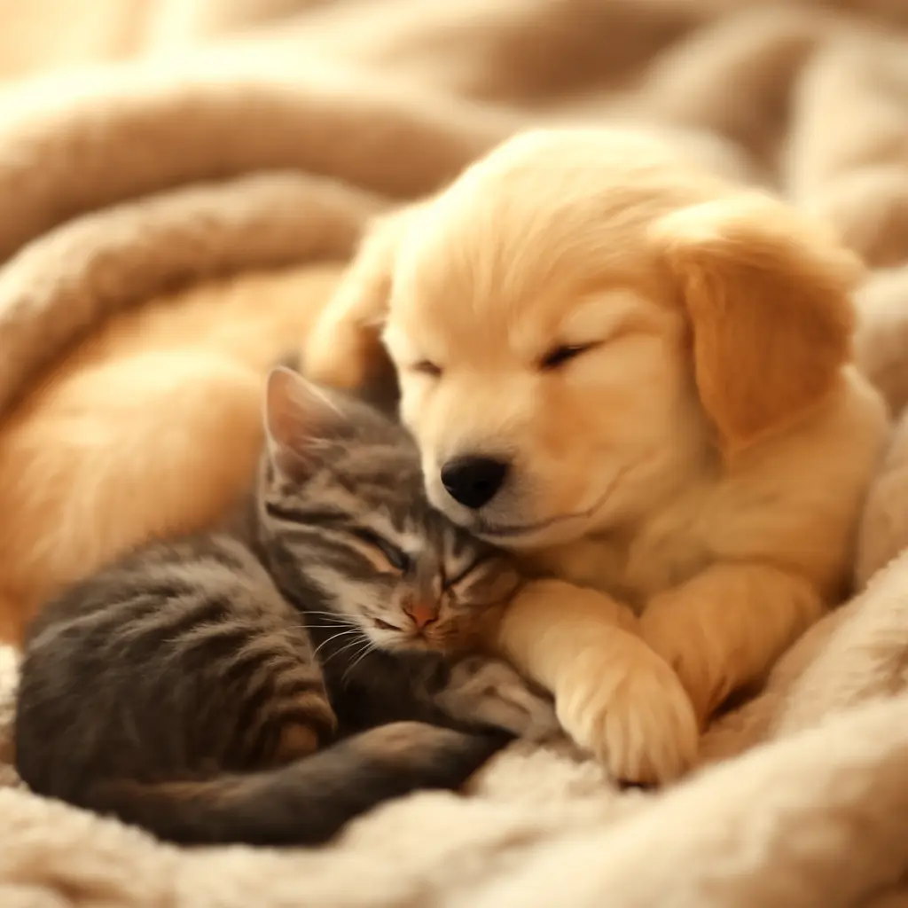 Puppy and Kitten Curled Together A puppy and kitten curled together on a blanket for a heartwarming forum photo