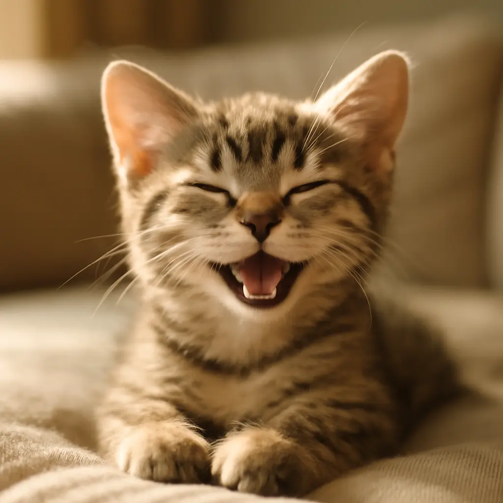 Joyful kitten lying on a couch, looking at camera