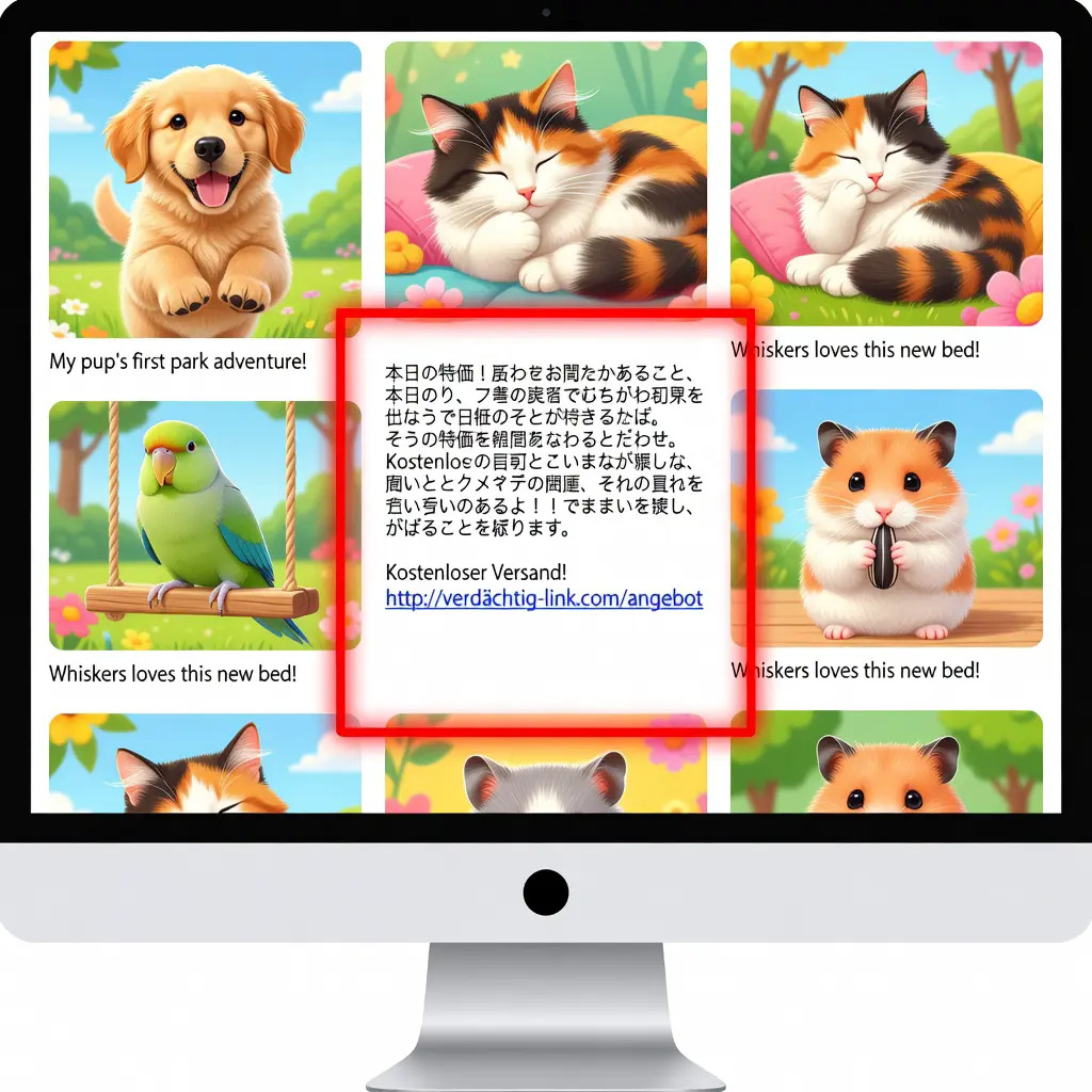 Illustrated computer screen showing a warm animal forum with one highlighted out-of-place casino spam post among pet photos and discussions