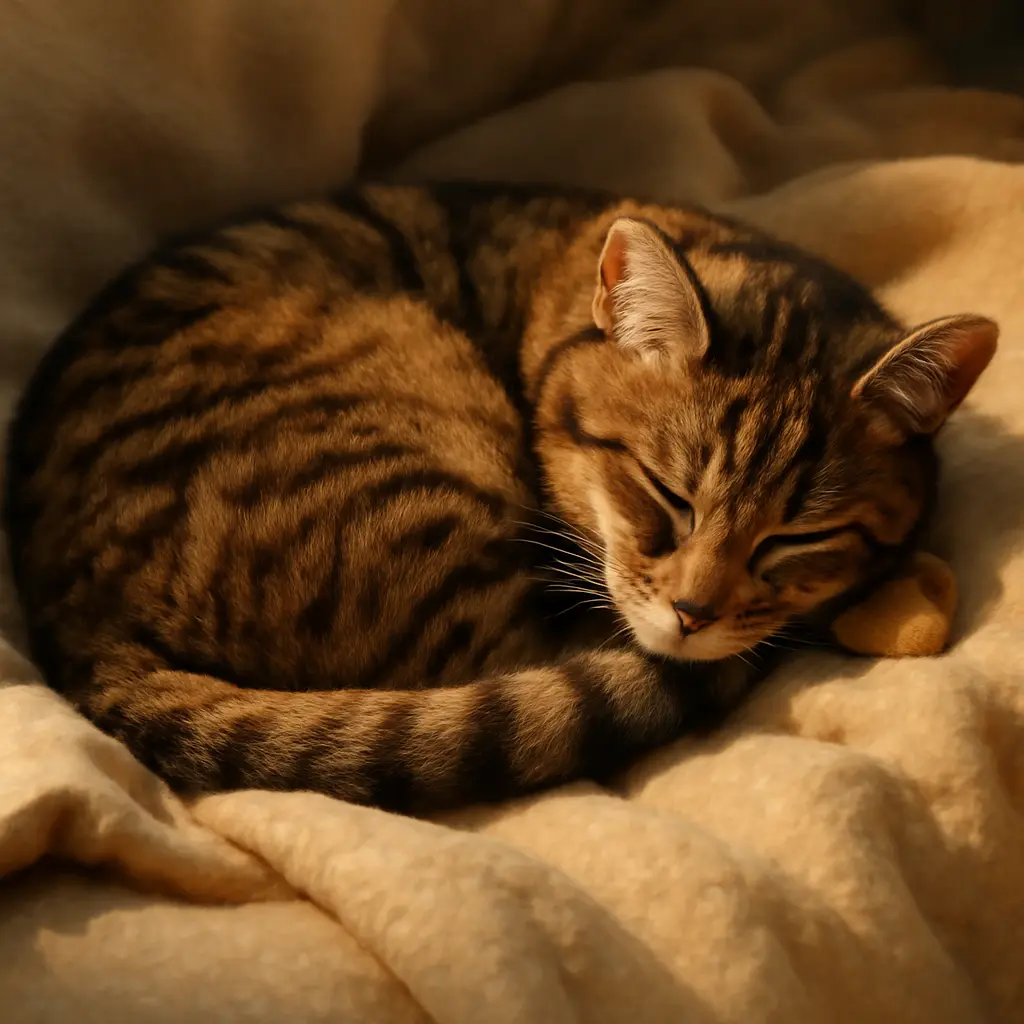 A sleepy cat lying on a blanket