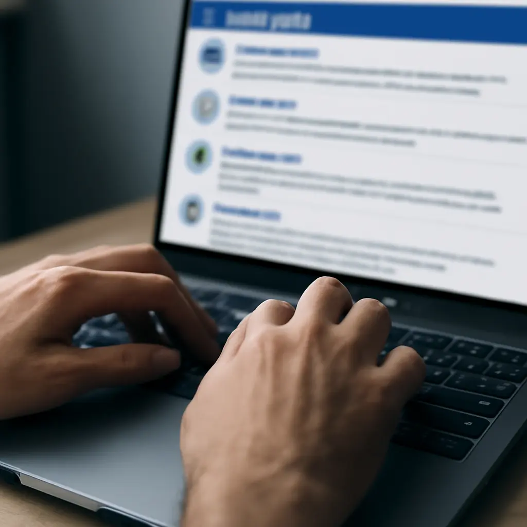 Hands typing on a laptop with forum thread visible